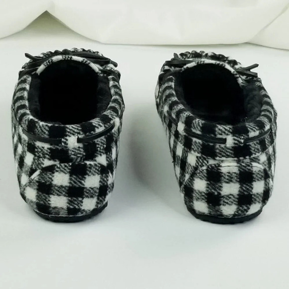 Minnetonka 6M Women's Black White Check Flannel Moccasin Faux Fur Slippers W/Bow - Picture 11 of 12